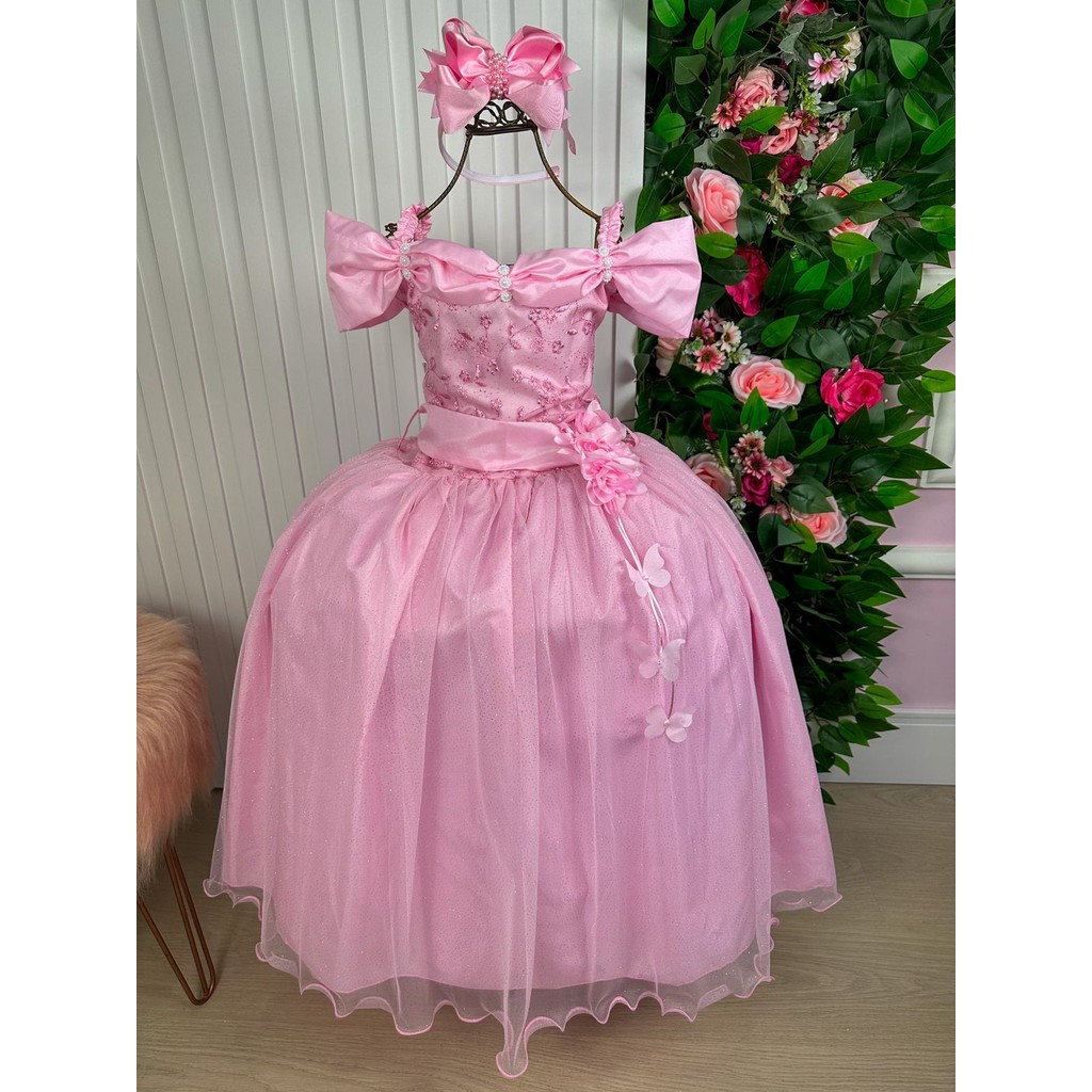 Vestido Marie Longo Manga Princesa Rosa Bebe Casamento Formatura Noiva Batizado Elegante Luxo Clássico Cerimônia Festa Formal Princesa Sofisticado Delicado Glamouroso Chic Tradicional Romântico Solene Infantil Juvenil Festa Casual Menina Dia a Dia