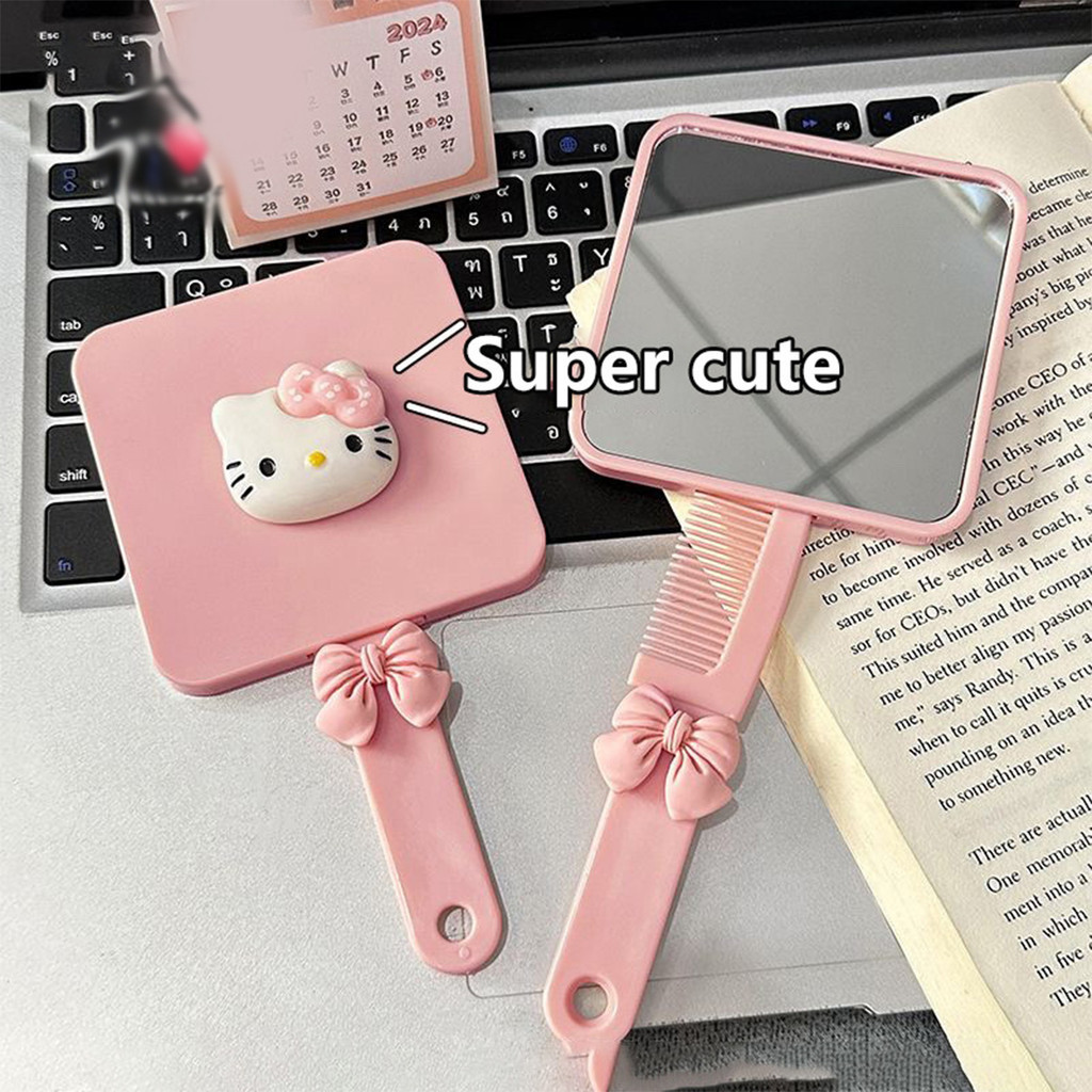 Fofo Sanrio Portátil Maquiagem Com Cabo Retráctil Espelho Cartoon Student Handle Mirror Hello Kitty De Aniversário