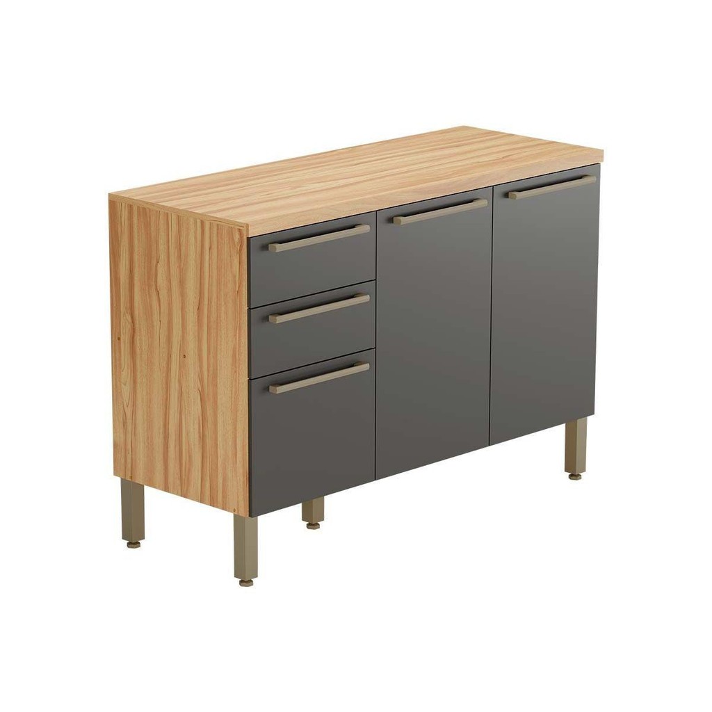 Balcão de Cozinha Nápoli Prime 3 Portas e 2 Gavetas c/ Tampo 120cm Amendoa/Chumbo - Ronipa em Oferta na Shopee