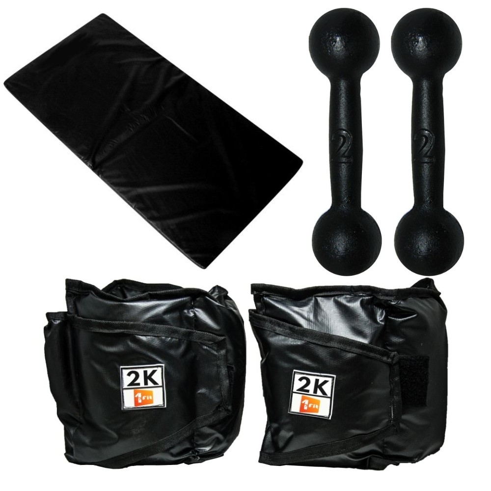 Kit Colchonete Preto + Par de Caneleira 2kgs+ Par de Halter Bola Pintado 2kg