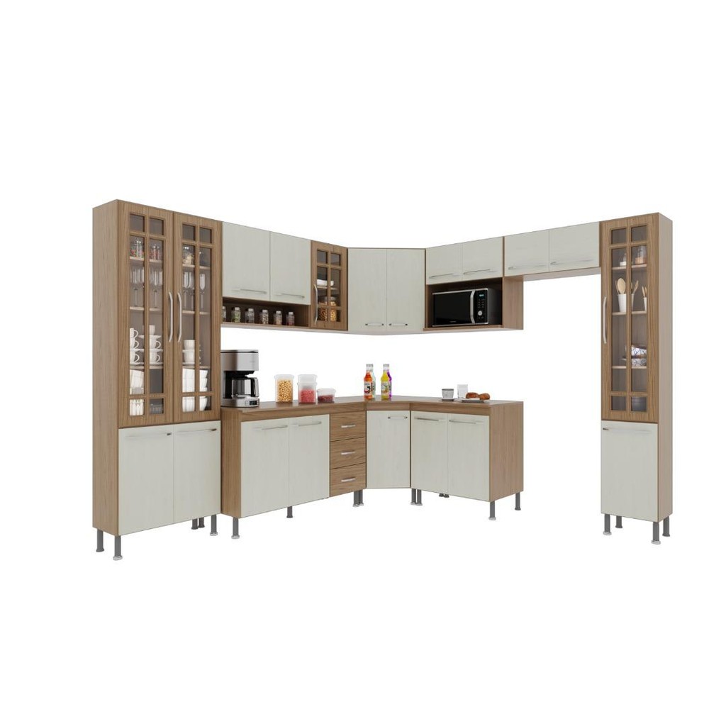 Detalhes do Cozinha Modulada Completa Fidelitá Paris 9 Peças 515cm 20 Portas 3 Gavetas Com Tampo Nogal/Salinas