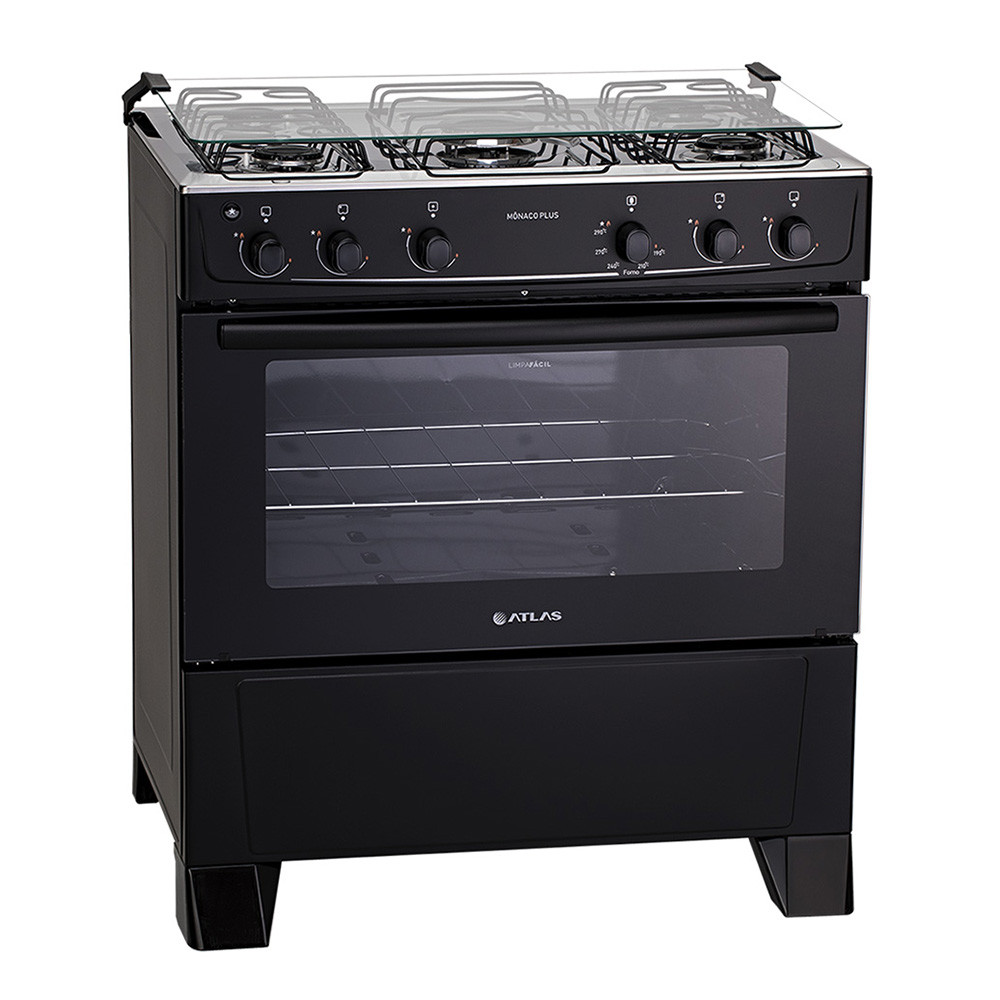 Fogão 5 Bocas Atlas Mônaco Plus com Mesa Inox e Acendimento Automático Preto Bivolt - Home Appliances