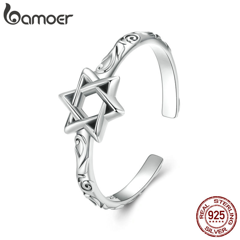 Bamoer 925 Sterling Silver Ring Seis Pontas Estrela Desenho De Jóias De Anel Aberto Para Mulheres . em Oferta na Shopee