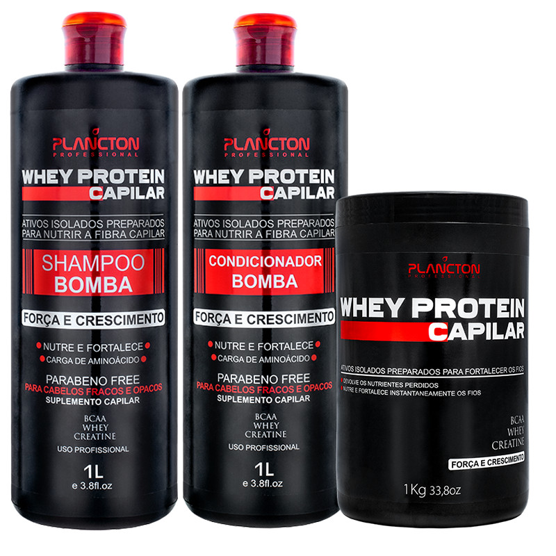 Mega Combo Whey Protein – Shampoo e Condicionador 1lt + Máscara 1kg - Plancton Professional