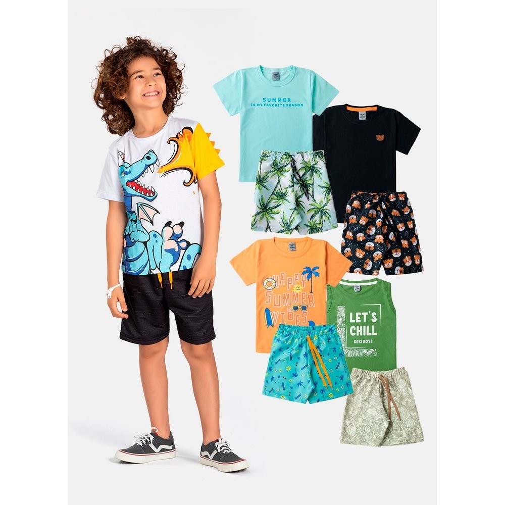 Kit Sortido 12 peças de Roupa Infantil Menino - 6 camisetas + 6 bermudas - Kit com 6 conjuntos de Roupa Infantil para Meninos - Laluna Modas
