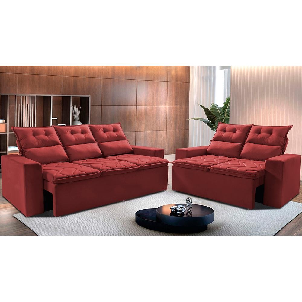 Conjunto de Sofá 3 e 2 Lugares Retrátil e Reclinável 2,00x1,50m Cama inBox Smal Suede Vermelho em Oferta na Shopee