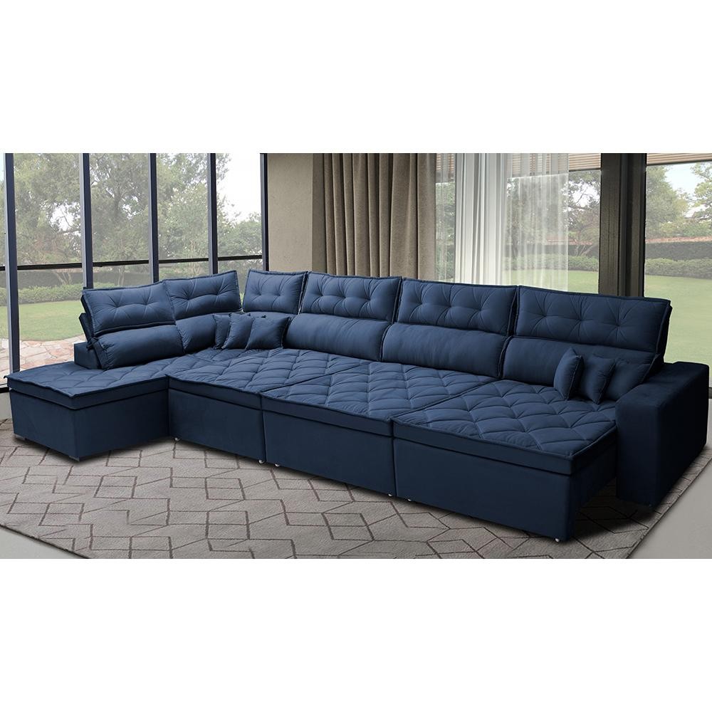Sofá de Canto 4,80x2,36m Retrátil e Reclinável com Molas Cama inBox Platinum Esquerdo Suede Azul em Oferta na Shopee