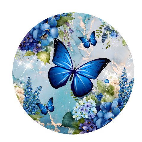 NOVO Painel Festa Infantil Redondo Borboletas Azuis, Flores, Fundo Estilo Mármore, com Brilhos + Arco, Suporte incluso. Fazemos personalizado com qualquer tema. Confeccionado em Lona fosca, impressão de alta resolução. cenário , p/ Decoração