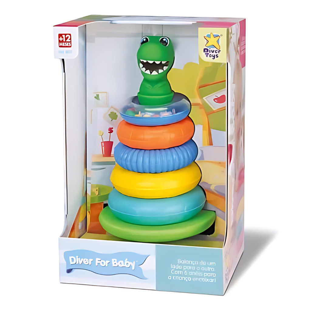 Brinquedo Pirâmide de Argolas Dino Bebê Empilhar Encaixar 