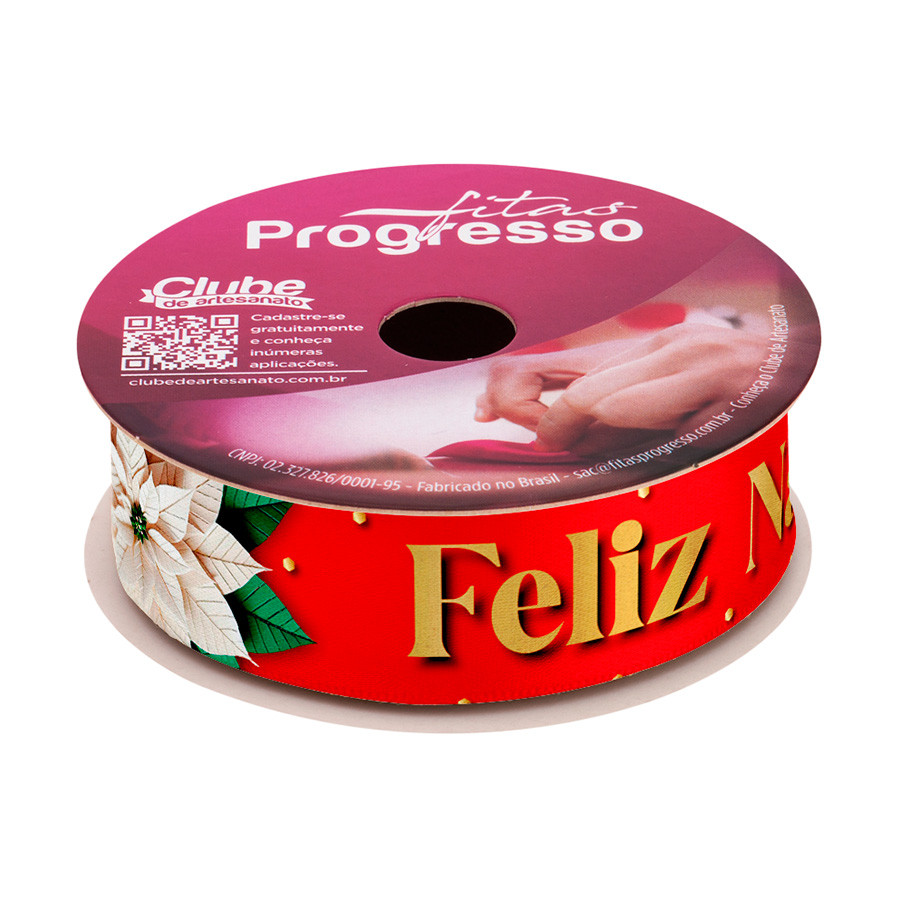 Fita de Cetim 10m x 22mm - Cor 185 - Frase Feliz Natal com Flor de Natal - Rolo 10 metros - 1 unidade - Progresso - Rizz - Stationery