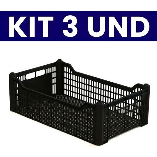 Kit 3 Peças Caixa Plástica Mercado Hortifruti Organizadora Agricola P/ Frutas Verduras Preta em Oferta na Shopee