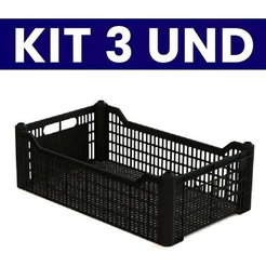 Kit 3 Peças Caixa Plástica Mercado Hortifruti Organizadora Agricola P/ Frutas Verduras Preta