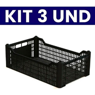 Kit 3 Peças Caixa Plástica Mercado Hortifruti Organizadora Agricola P/ Frutas Verduras Preta em Oferta na Shopee