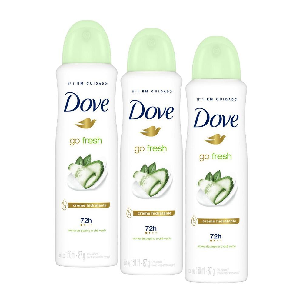 Kit com 3 Desodorantes Antitranspirantes Aerosol Dove Go Fresh Pepino e Chá Verde 150ml - Beauty