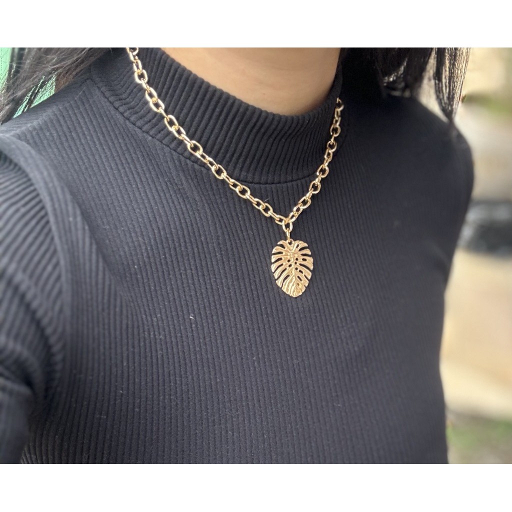 Colar folha costela de adão folheado a ouro 18k elo cadeado moda feminina choker gargantilha dourada acessório feminino