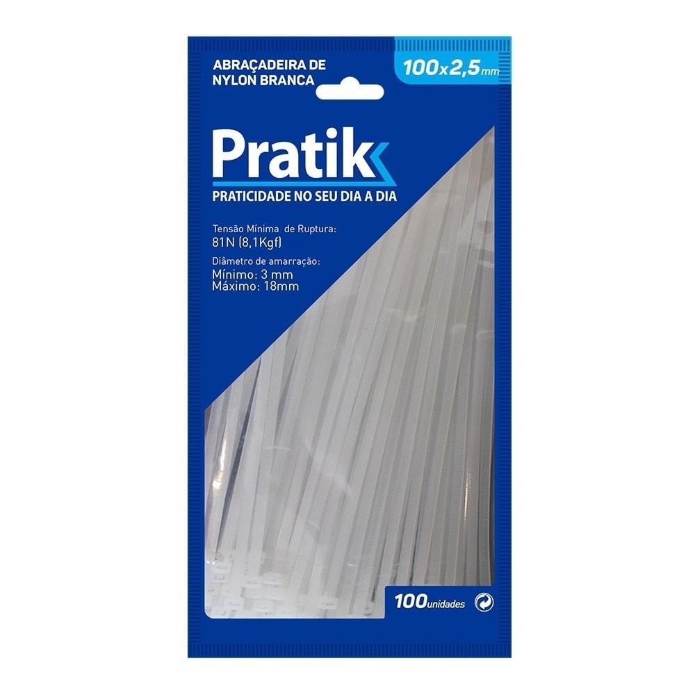 Abraçadeira Nylon Pratik 100x2,5mm Branco - Embalagem com 100 Unidades