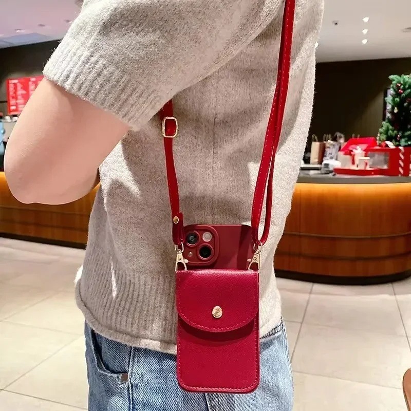 Marrom Crossbody Slot Para Cartão Saco Titular Caso Iphone 12 13 Mini 11 14 15 16 Pro Max 15 Plus X Xs Xr Cabo De Luxo - detalhe