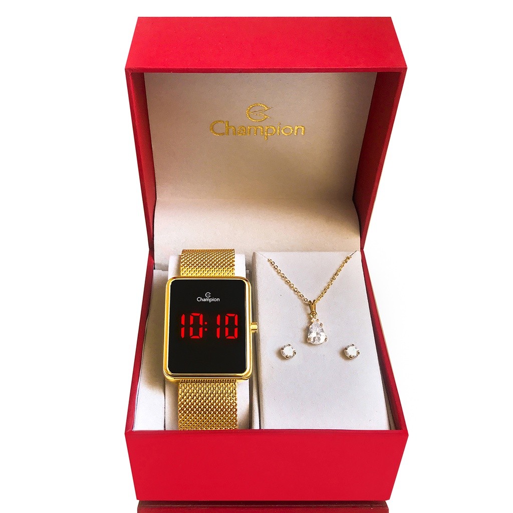 Detalhes do Relógio Champion Feminino Dourado Digital LED Original com garantia de 1 ano acompanha colar e brincos