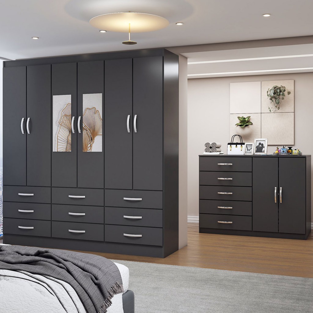 Guarda-Roupa Casal Iris 6 Portas 9 Gavetas e Espelho com Cômoda 2 Portas 5 Gavetas em Oferta na Shopee