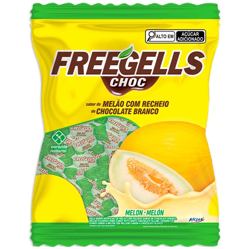 Bala Dura Recheada Chocolate Branco e Melão Freegells 475g - Riclan