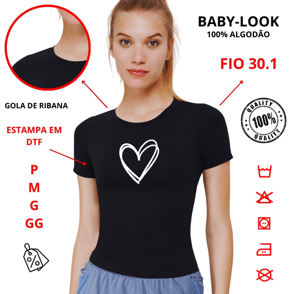 Camiseta Baby look Coração Femenina 100%Algodão Cansada Ate de Mim Envio Rapido Lançamento Novo Macia e Confortavel Femenino Unissex Desenhos Anime Animação Roupa Camisa Estilosa