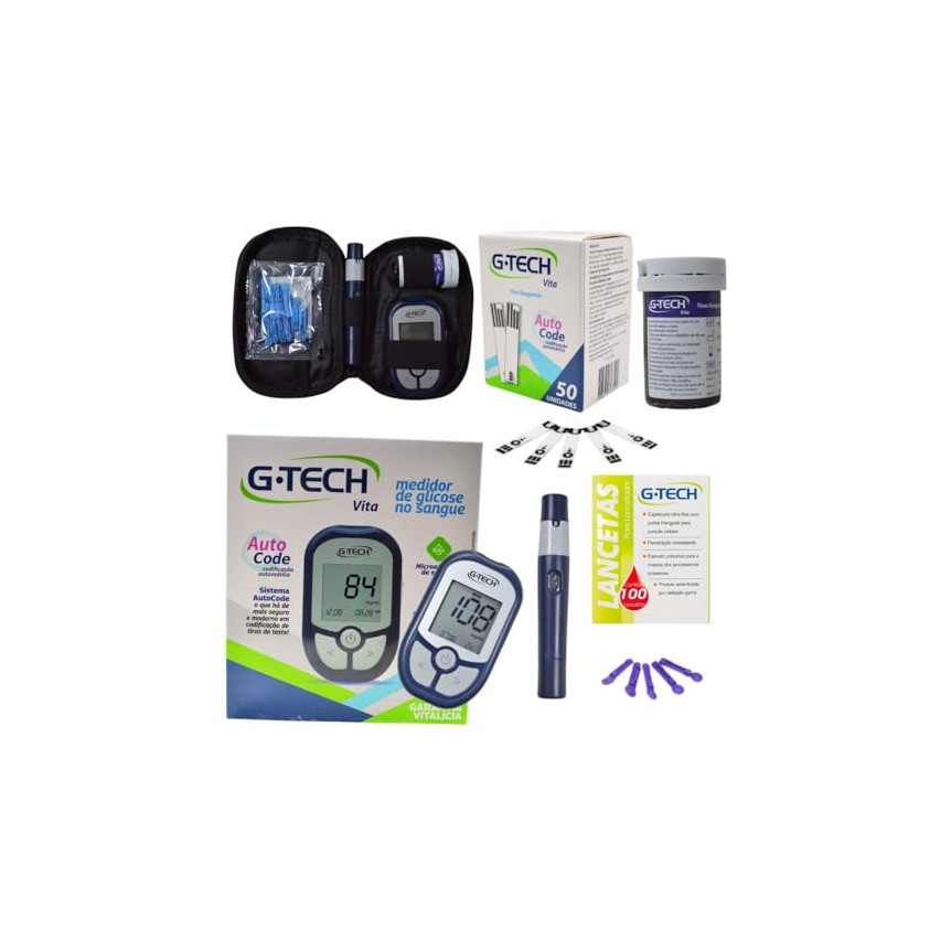 Kit Medidor De Glicose G-tech Vita Combo Completo Com 60 Tiras + 110 Lancetas + Caneta Lancetadora