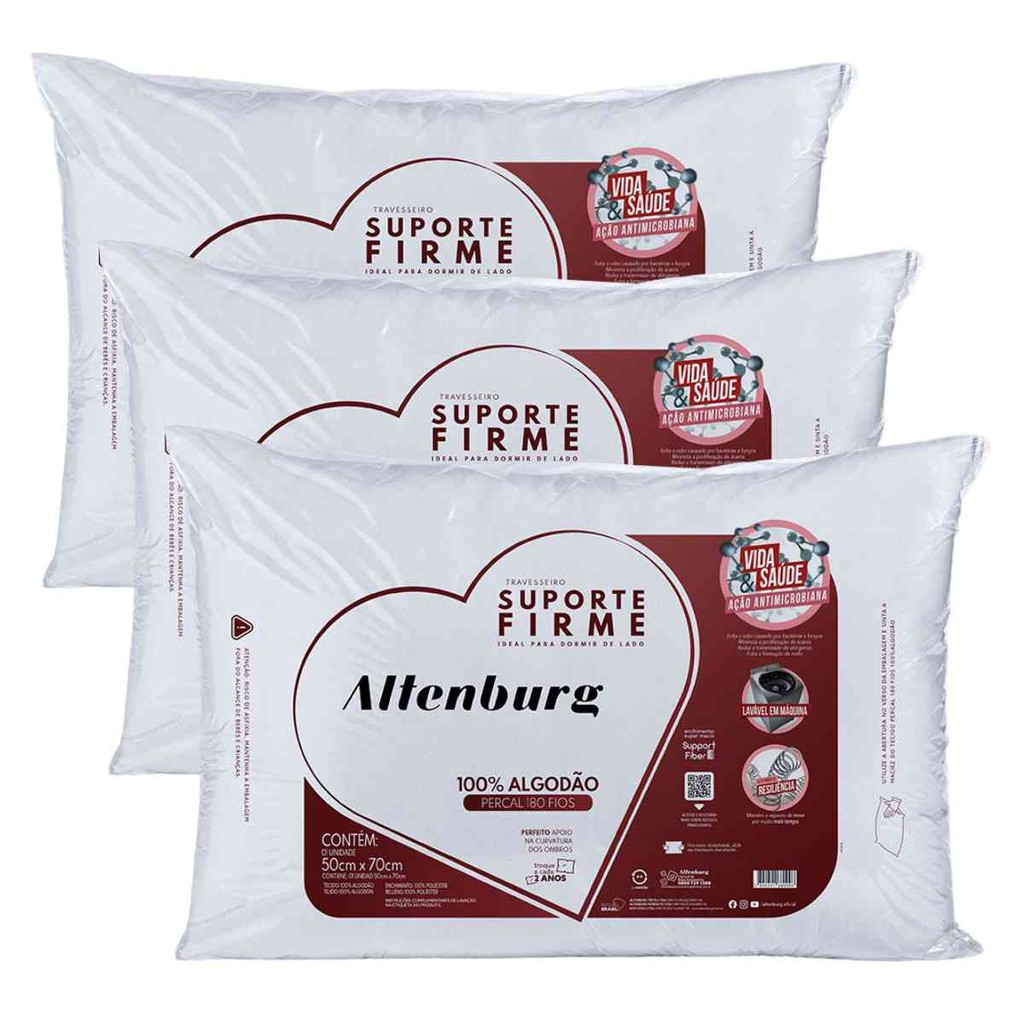 Kit 03 Travesseiros Altenburg Suporte Firme 0,50x0,70m Algodão 180 Fios em Oferta na Shopee