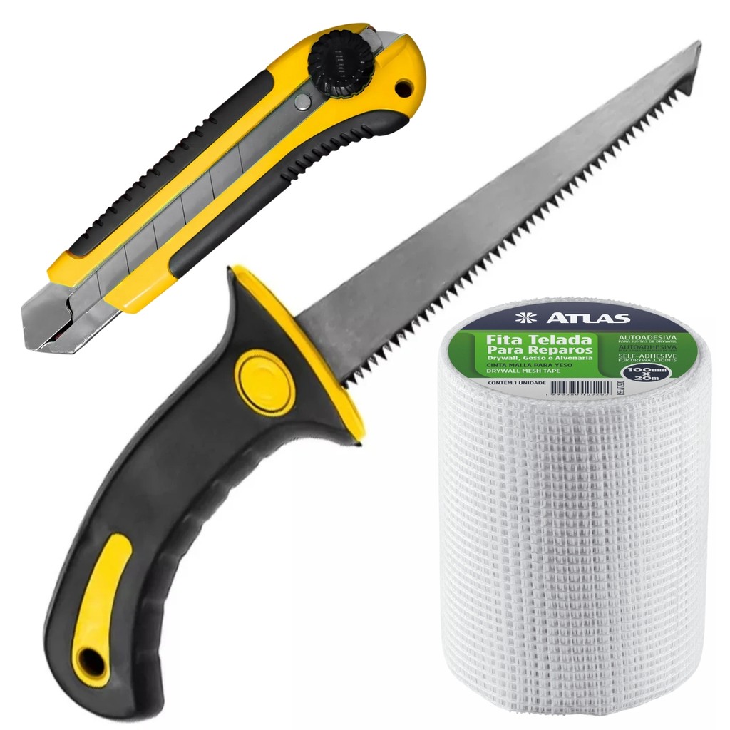 Kit Serrote para Gesso Drywall 6" com Fita Telada 100mm x 20m e Estilete 25mm Trava Giratória Jogo Gesseiro Obra