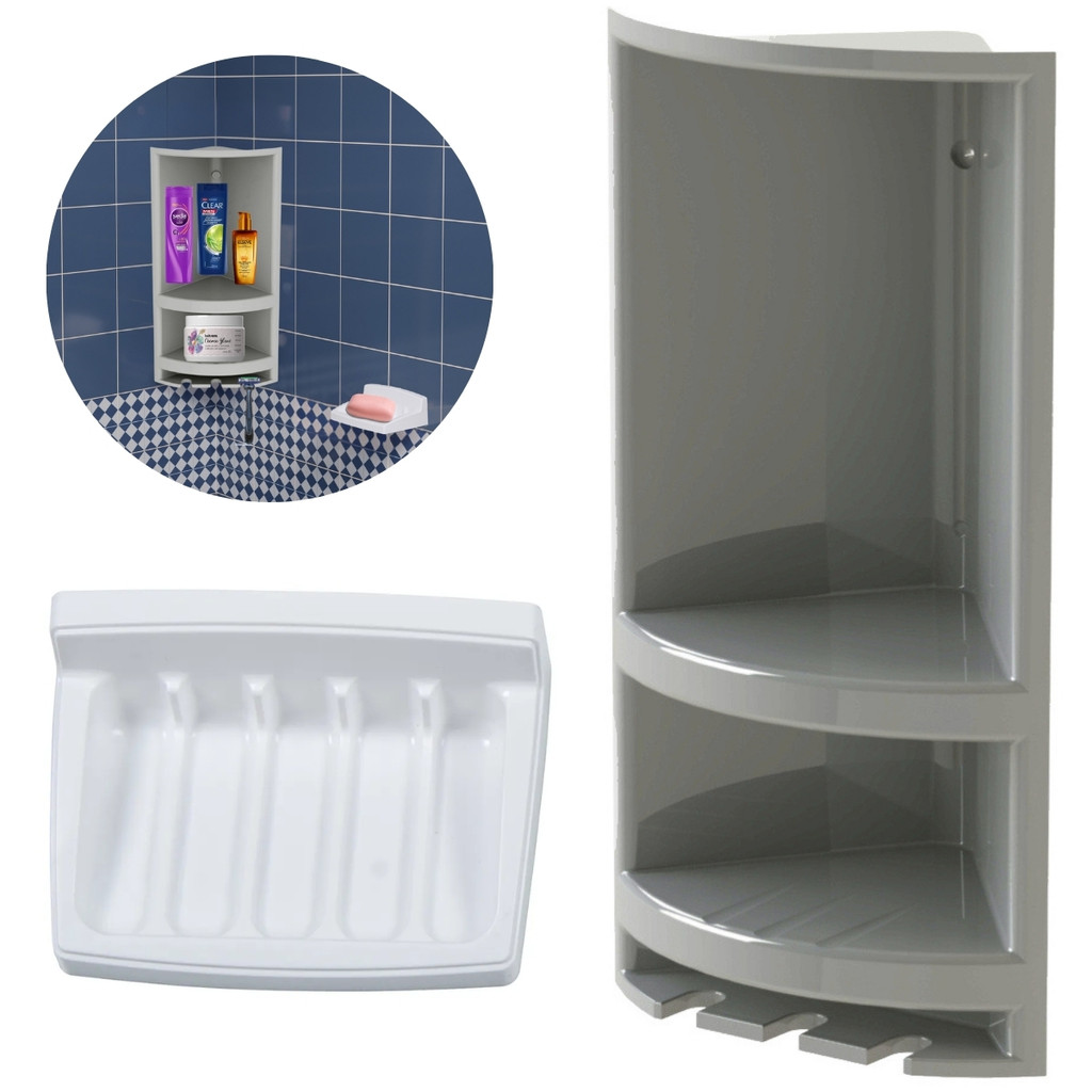 Kit Suporte de Canto Cantoneira Porta Shampoo Cinza com Saboneteira Plástica de Parede Sobrepor Branca Prática