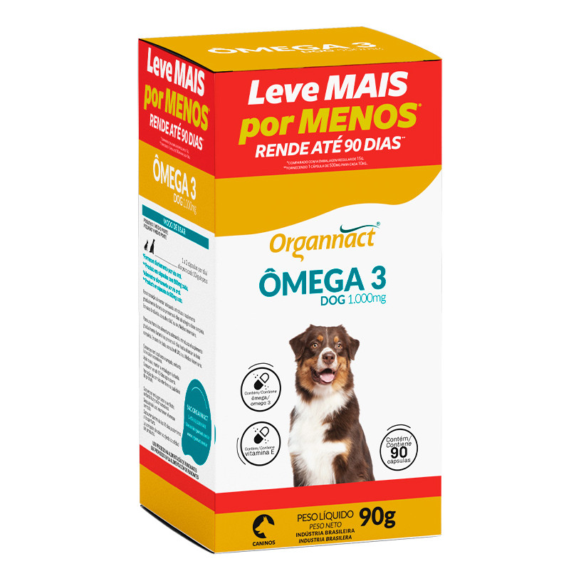 Omega 3 Dog 1000mg Organnact 90 Capsulas Suplemento 90g Embalagem Econômica