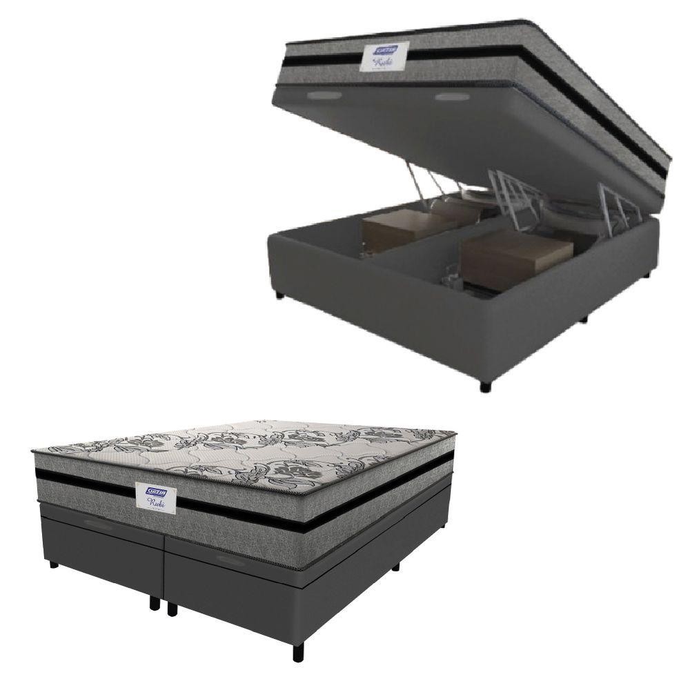 Cama Box Baú Casal King Colchão Gazin com Molas Ensacadas Rubi 193x203x73cm Suede Cinza/Preto