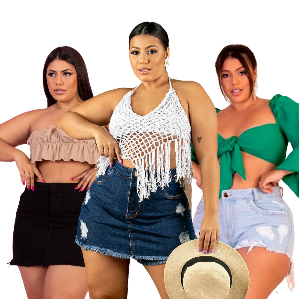 Short Básico Plus Size Short Saia e Saia Jeans Kit Plus