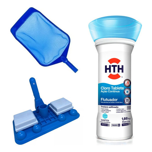 Kit Flutuador Peneira Aspirador Pastilhas Cloro Hth