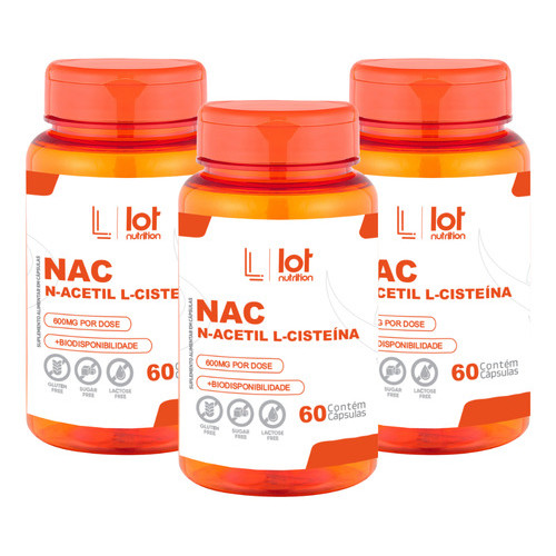 Kit 3un Nac 600mg 60 Cápsulas Detox Fígado Antioxidante Cel Sem Sabor Lot Nutrition