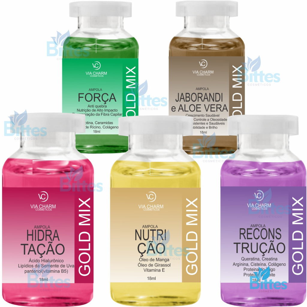 KIT 5 AMPOLAS GOLD MIX VC COSMÉTICOS CRONOGRAMA TRATAMENTO CAPILAR