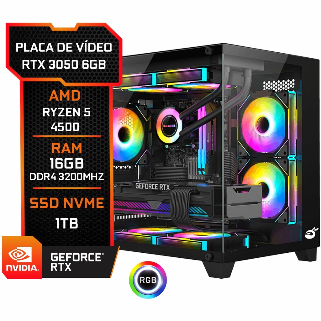 Pc Gamer RTX 3050, AMD Ryzen 5 4500, 16GB DDR4, SSD M.2 NVME 1TB
