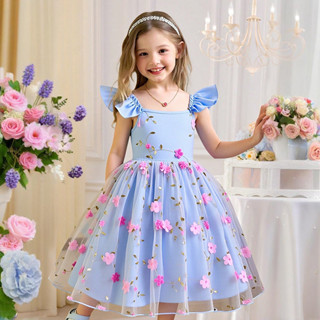 WFRV 3-8 Verão Nova Flor Doce Menina Festa De Aniversário Elegante Vestido De Princesa Bordado Fio Leve 3D Manga Voadora em Oferta na Shopee