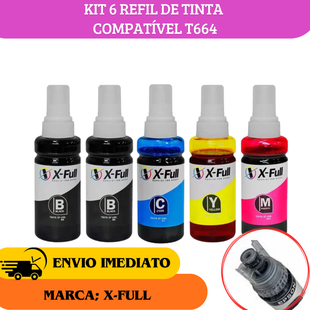 Kit 6 Tinta Refil T664 para Impressoras L120 L1300 L395 L396 L355 L555 L365 L355 Compatível Novo