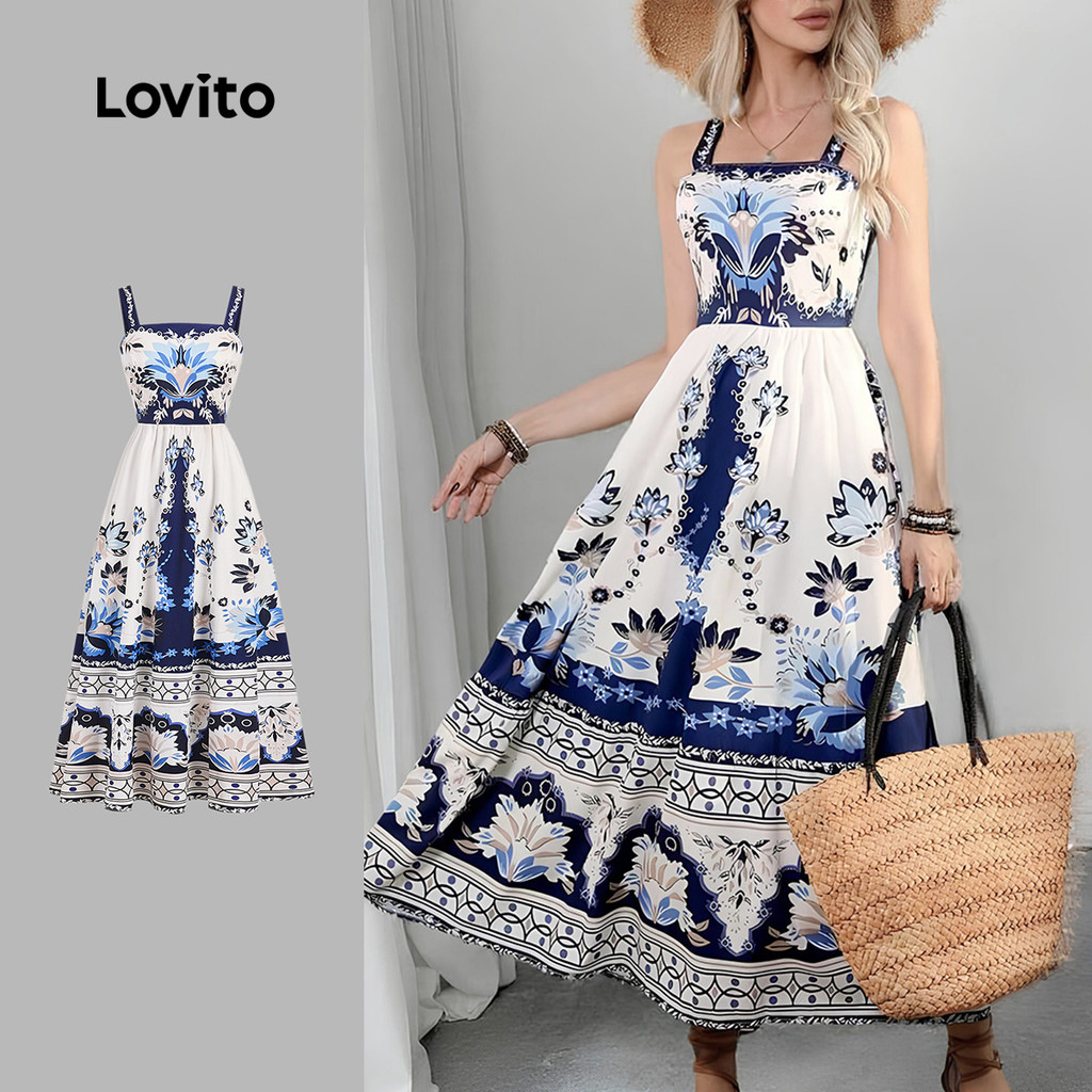 Lovito Vestido Boho Com Estampa Tribal E Zíper Azul Para Verão E Primavera - Ideal Para Férias Em Casa LBL25264 em Oferta na Shopee