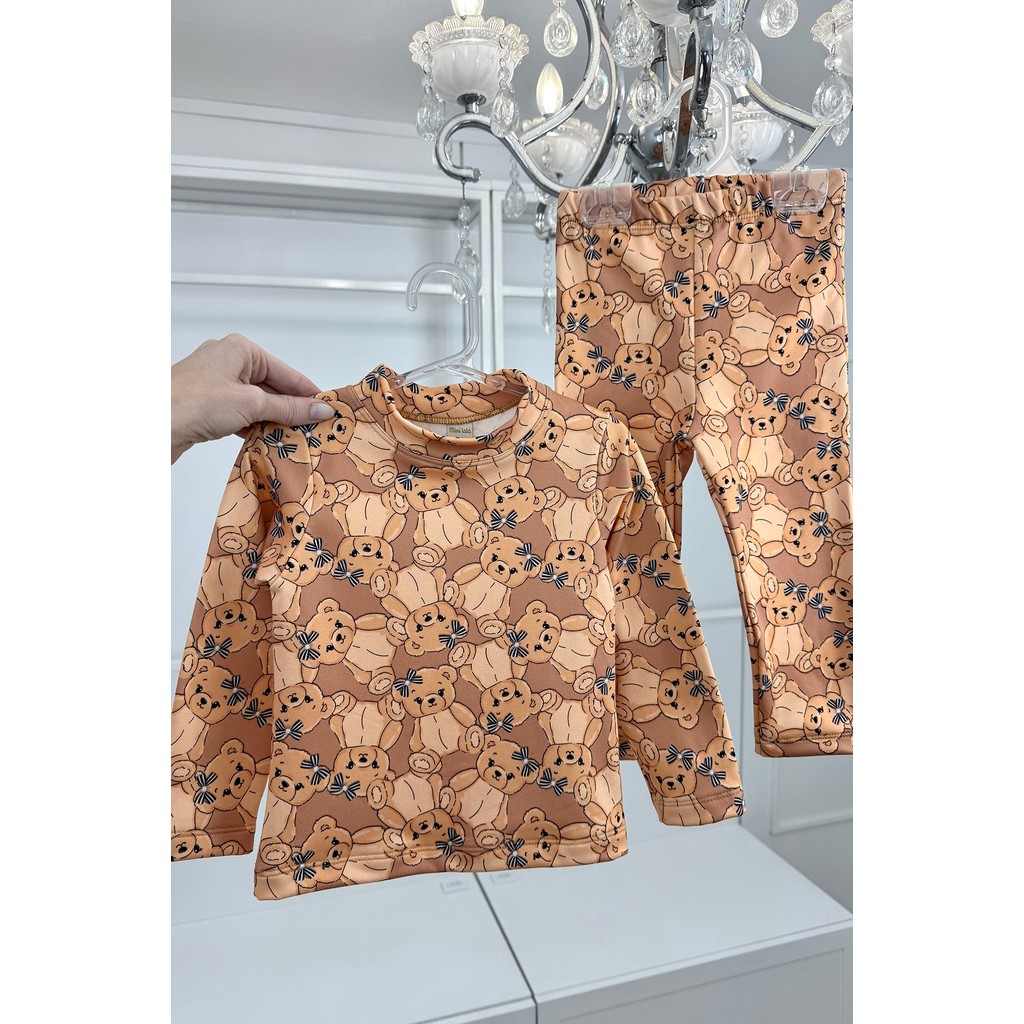 Conjunto Térmico Blusa Legging Inverno Menina Infantil Manga Longa Quente Confortável Ursos Laços