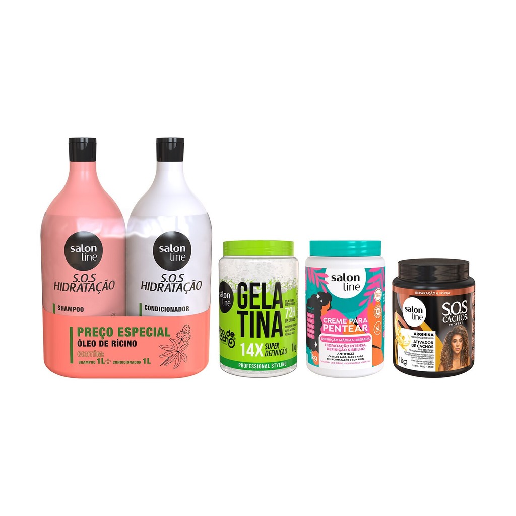 Kit Shampoo e Condicionador Óleo de Rícino + Gelatina e Creme para Pentear Definição + Ativador de Cachos Arginina