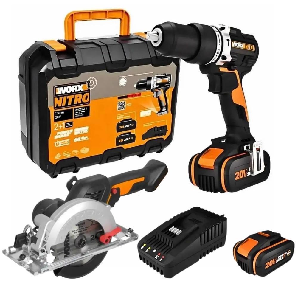 Parafusadeira e Furadeira de Impacto 1/2POL com 2 Baterias e Carregador Serra Circular 20V WORX