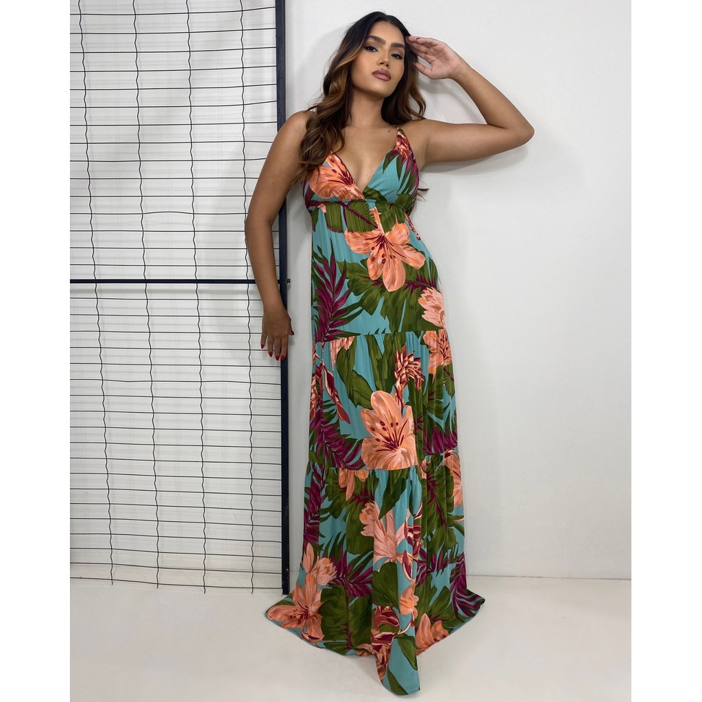 Vestido Sophia - Floral Fundo Azul Turquesa