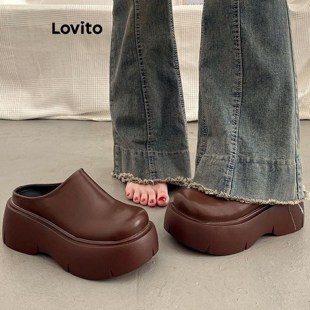(Trendy) Lovito Casual Liso Ins Moda Sola Grossa Aumentar A Altura Usar Fora Da Sandália Plana Para Mulheres LFA59223 - Women Shoes
