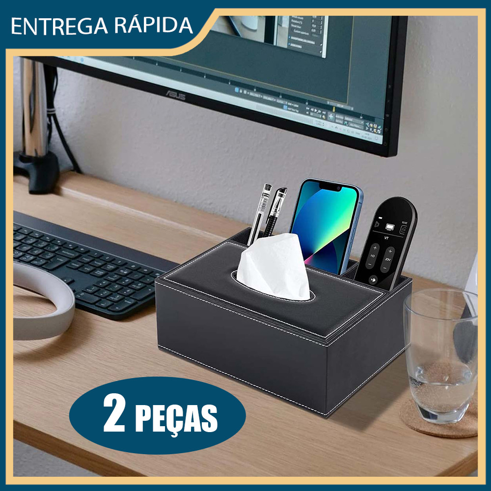 2x Caixa de lenços de papel em pele preta Caixa de lenços de papel multifuncional Organizador de controlo remoto para te