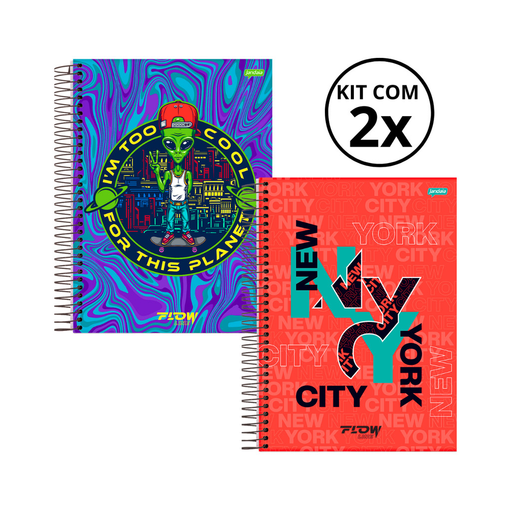 Kit 02 Cadernos Universitário 10 Matérias 160 Folhas Flow - Jandaia CAPA:Alien/NewYork em Oferta na Shopee