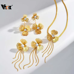 Vnox Zircão Cúbico Oco Flores Borla Conjunto Colar Brincos Anel Aberto Para Mulheres , Ouro Hipoalergênico Jóias Present
