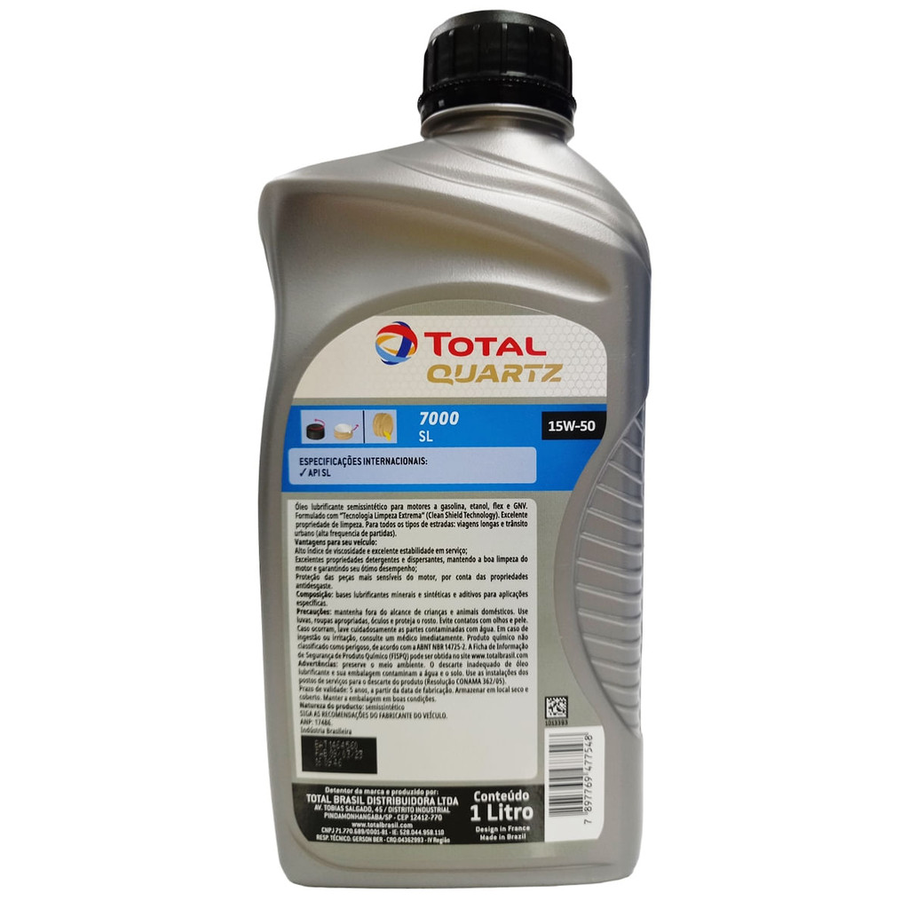 Detalhes do Óleo Lubrificante do Motor Total Quartz 7000 15W50 SL Semissintético 1L
