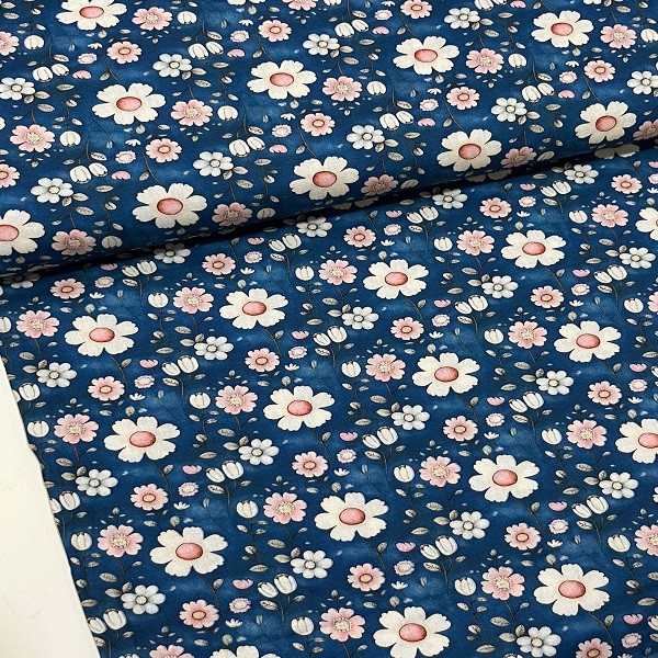 Tecido Tricoline Floral Margaridas Rosa e Branco Fundo Azul