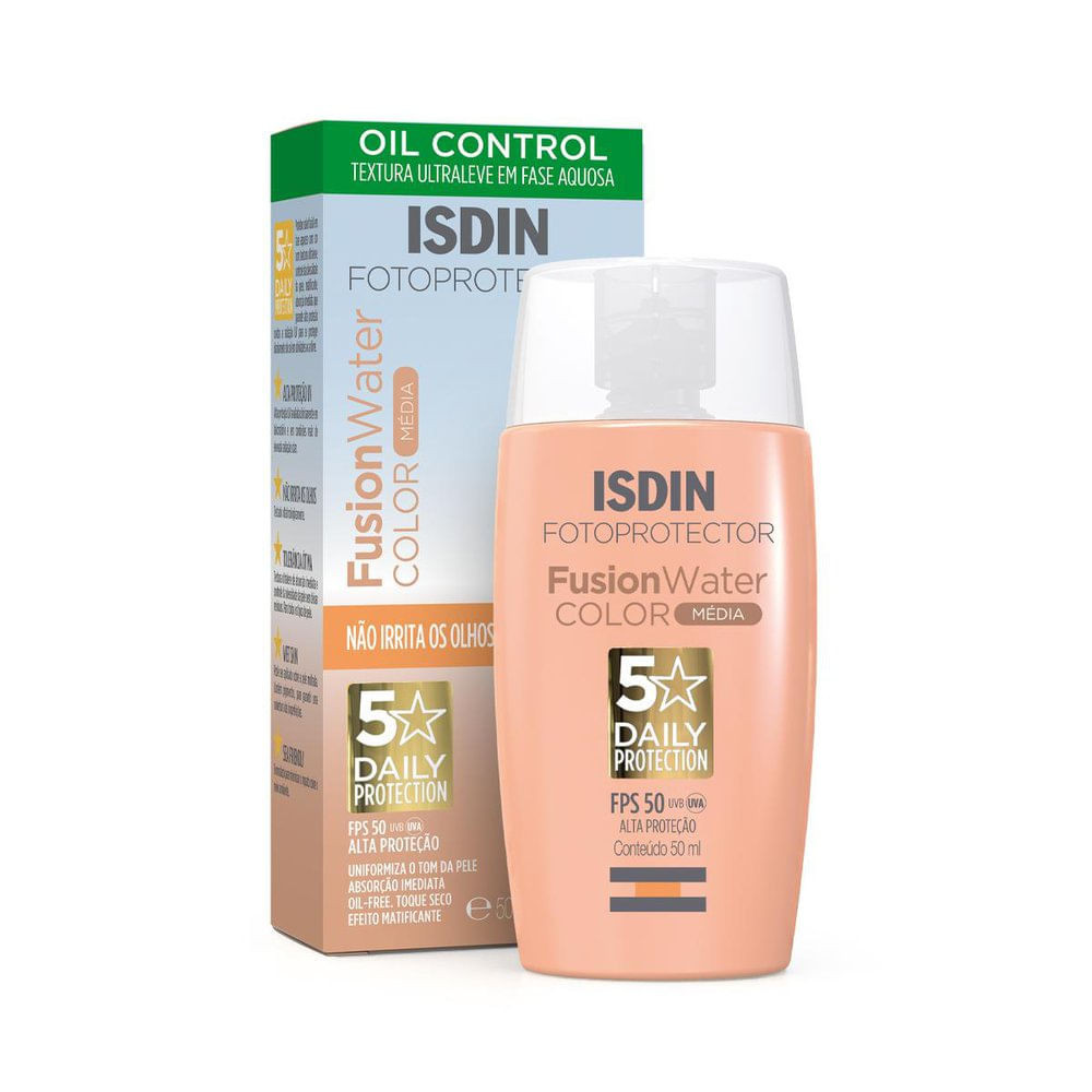 Protetor Solar Facial Isdin Fusion Water 5 Stars Color FPS 50 Cor Média 50ml - Beauty